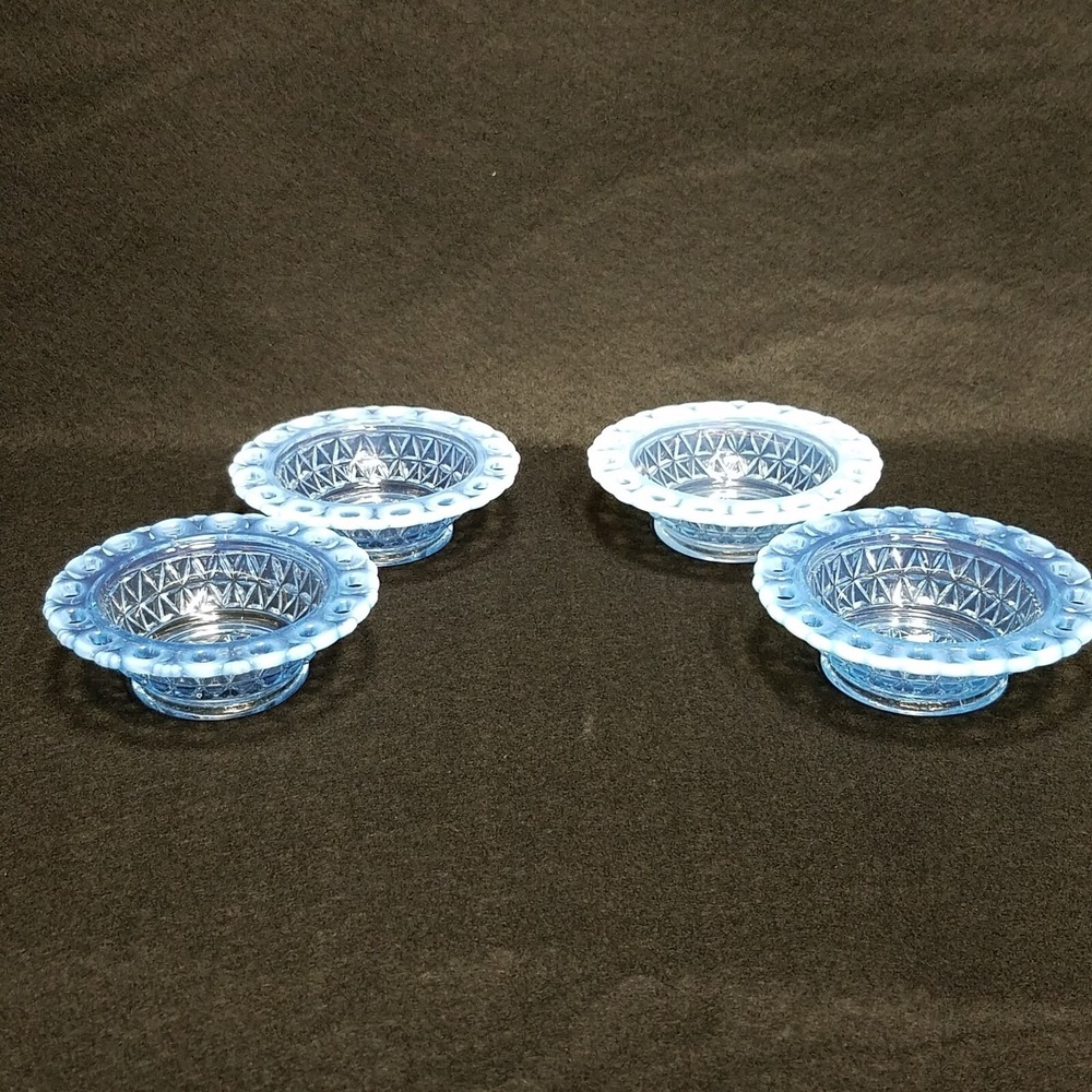 Fenton Vintage Blue Opalescent Glass Lace Edge Diamond Point Salt Cellars Set 4